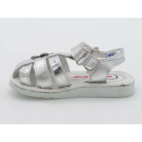 Dogi Sandals Baby Size 6 Silver Glitter Flower Strappy Slingback Hook & Loop - Picture 5 of 9